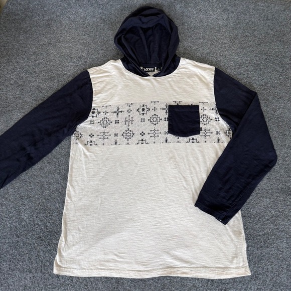 Vans Hooded T-Shirt Mens Large Geometric Tribal Long Sleeve Skate Surf Casual - Picture 1 of 7